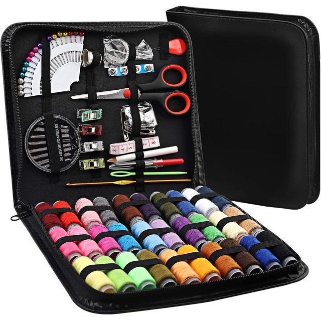 Kit de costura, 112 piezas de accesorios de primera calidad, juego de costura con estuche de transporte para uso doméstico, de viaje, para adultos, niños, principiantes y en caso de emergencia (negro)