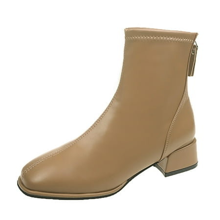 YHGFVOKJ Boots for Women Fashion Leather Solid Elastic Autumn Thick Sole Closed Toe Square Heels Zipper Short Booties Square Toe Shoes Women s Boots Khaki 38
