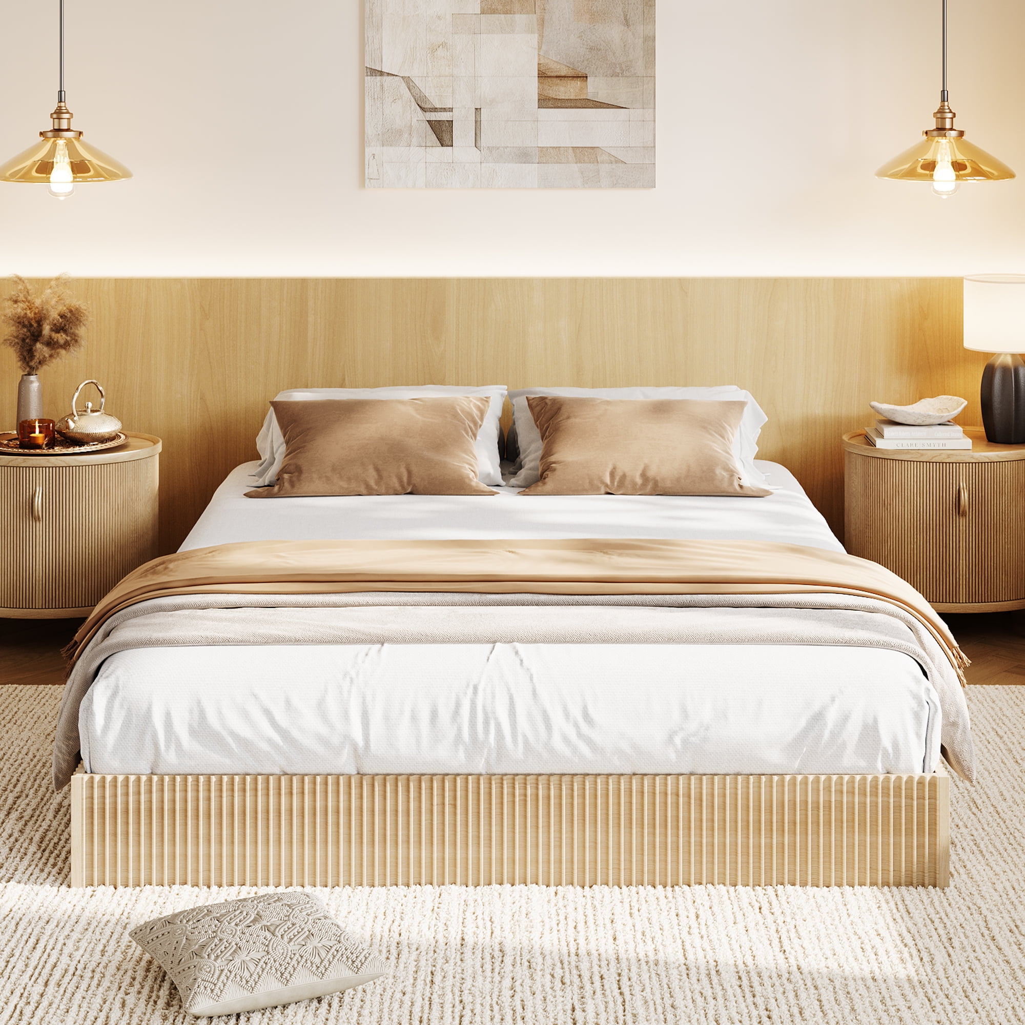 King Size Fluted Bed Frame,Wood Platform Bed Frame with Minimalist Bed Base,Low Profile Design,No Headboard,Noise-Free, Easy Assembly, No Box Spring Needed