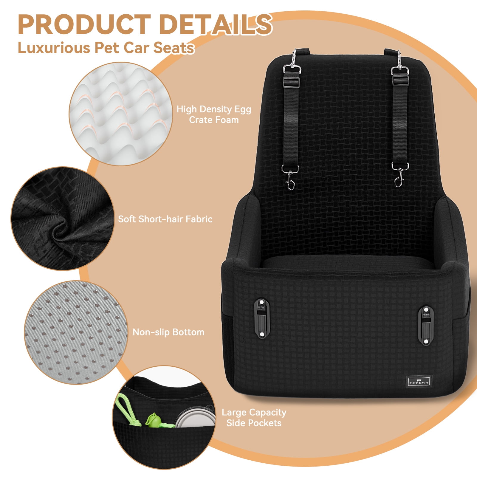 PETSFIT Dog Booster Car Seat for Small/Medium Dogs Up to 35 lbs – Patented Safety System, 6" Memory Foam Pet Car Seat, Fully Detachable and Washable Cover, Front/Back Seat Travel Booster (Black)
