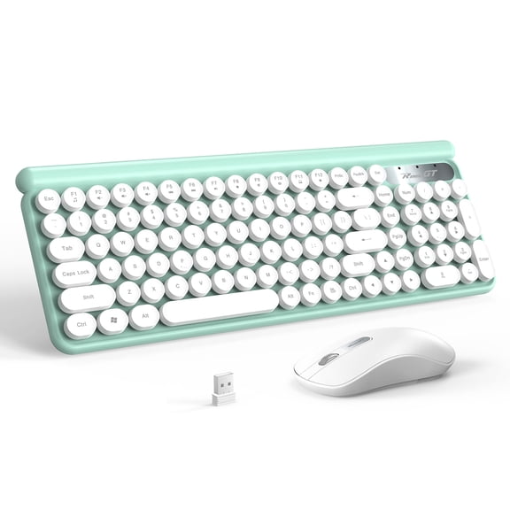 Wireless Keyboard and Mouse Combo, RaceGT 2.4G USB Typewriter Keyboard, Silent Mouse, Quiet Cordless Cute Retro Round Keycaps Keyboard Mouse Set, for Mac Windows PC Laptop, LT400-Green