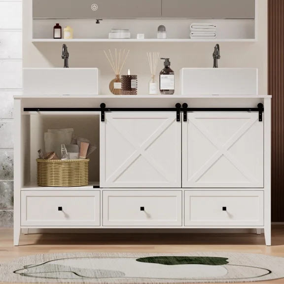 60 Inch Bathroom Vanity with Double Sink Ceramic, Freestanding Cabinet with 2 Farmhouse Sliding Barn Doors and 5 Drawers, Space-Saving Storage Cabinet(Ship in 2 Boxes)