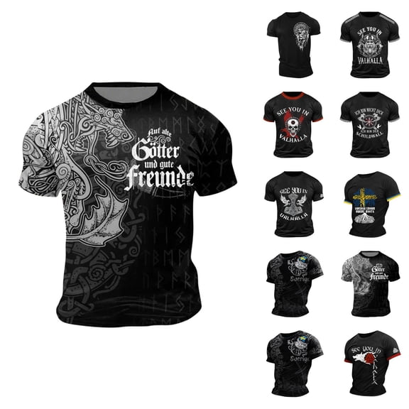 T Shirts for Men 2026 Summer Casual Short Sleeve Crewneck Norse Mythology Viking Style Graphic Tees