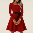 thumbnail image 3 of Women's Midi Dress Long Sleeve Crew Neck Solid Color Vintage Casual Belted Waist Dress for Spring Fall Everyday Wear,Wine,M, 3 of 6