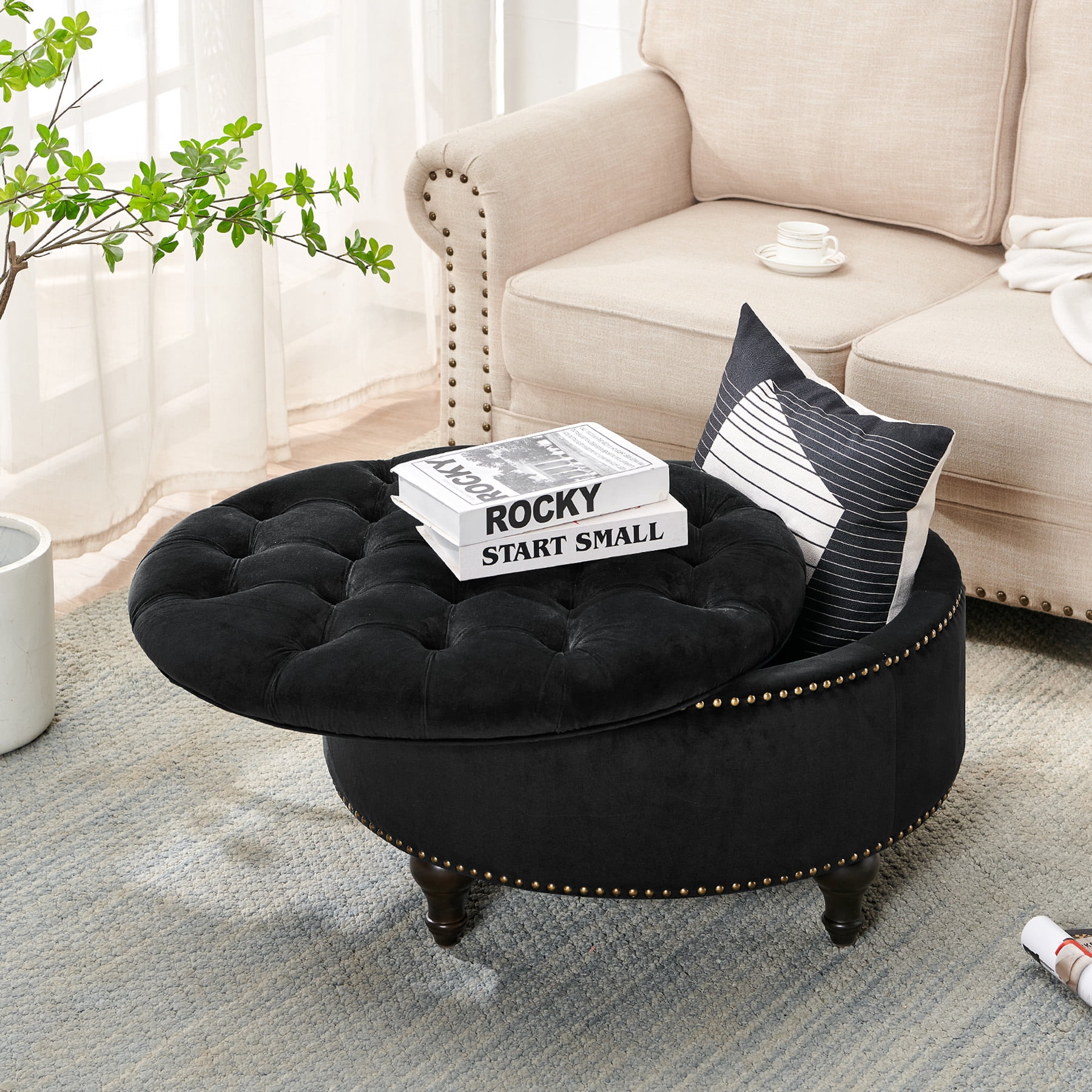 Nathaniel Home, Upholstered 30" Round Storage Button Tufted Ottoman, with Removable Lid, Modern Footrest Stool Bench, Black