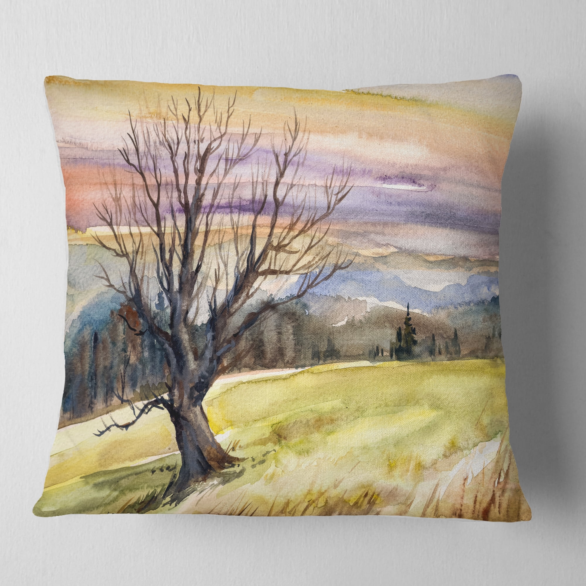 Designart Tree Without Leaves at Sunset - Trees Painting Throw Pillow - 18x18