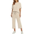 thumbnail image 5 of Feancey 2 Piece Sets for Women Going Out Travel 2026 Summer Short Sleeve Tops and Loose Capri Pants Lounge Set Solid Color Casual Two Piece Outfits with Pockets Beige XXL, 5 of 5