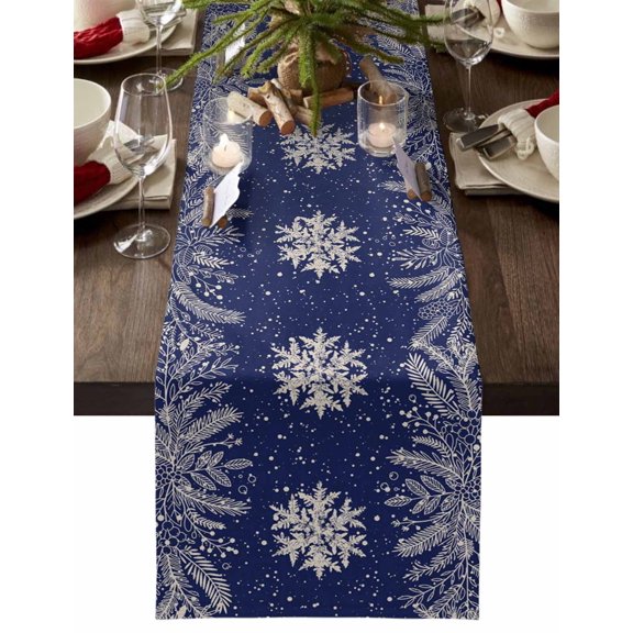 nqOlkjepod Navy Blue Snowflake Christmas Table Runner 72 Inches Long Farmhouse Dress Scarves, Rustic Xmas Botanical Dining Tablerunner for Coffee Table/Kitchen Island/Party Décor, 13" x 72"