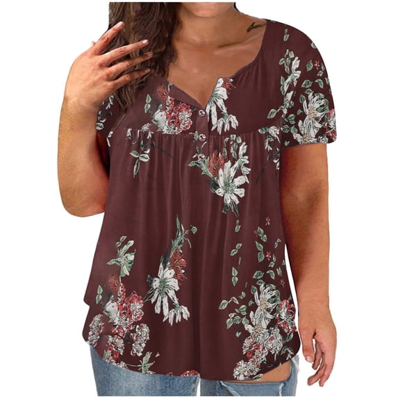 asdoklhq Womens Plus Size Tops Clearance,Women Plus Size V-neck Flowers Print Button Short Sleeve Tops T-Shirt Blouse