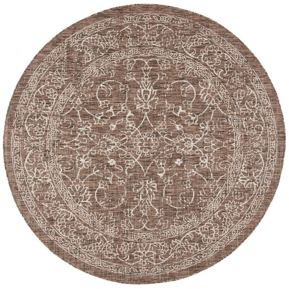 SAFAVIEH Courtyard Darin Botanical Indoor/Outdoor Area Rug, Brown/Ivory, 5'3" x 5'3" Round