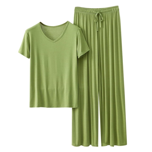 Hontri Ensembles de Pyjama à Manches Longues pour Femmes - Vêtements de Nuit d'Automne Confortables (Grande Taille, Col Rond Deux Pièces) Vert Menthe G