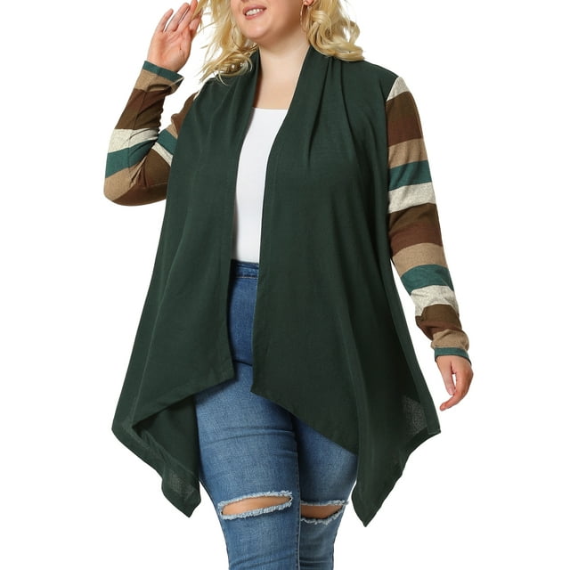 GRACE & GRANDEUR Cardigan en Tricot à Manches Longues à Rayures Imprimées pour Femme Grande Taille1X Vert Foncé