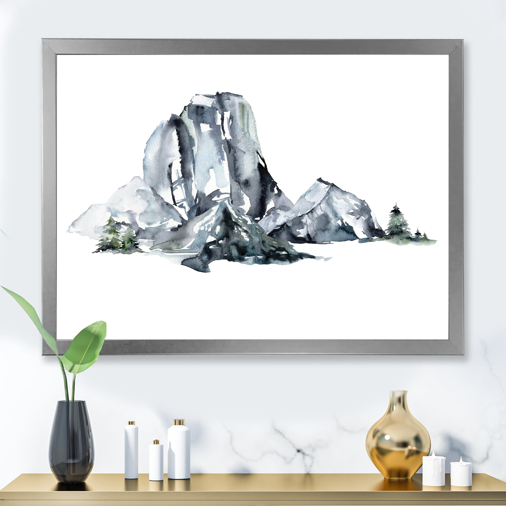 Designart 'Minimalistic Landscape of Forest and Mountains' Modern Framed Art Print