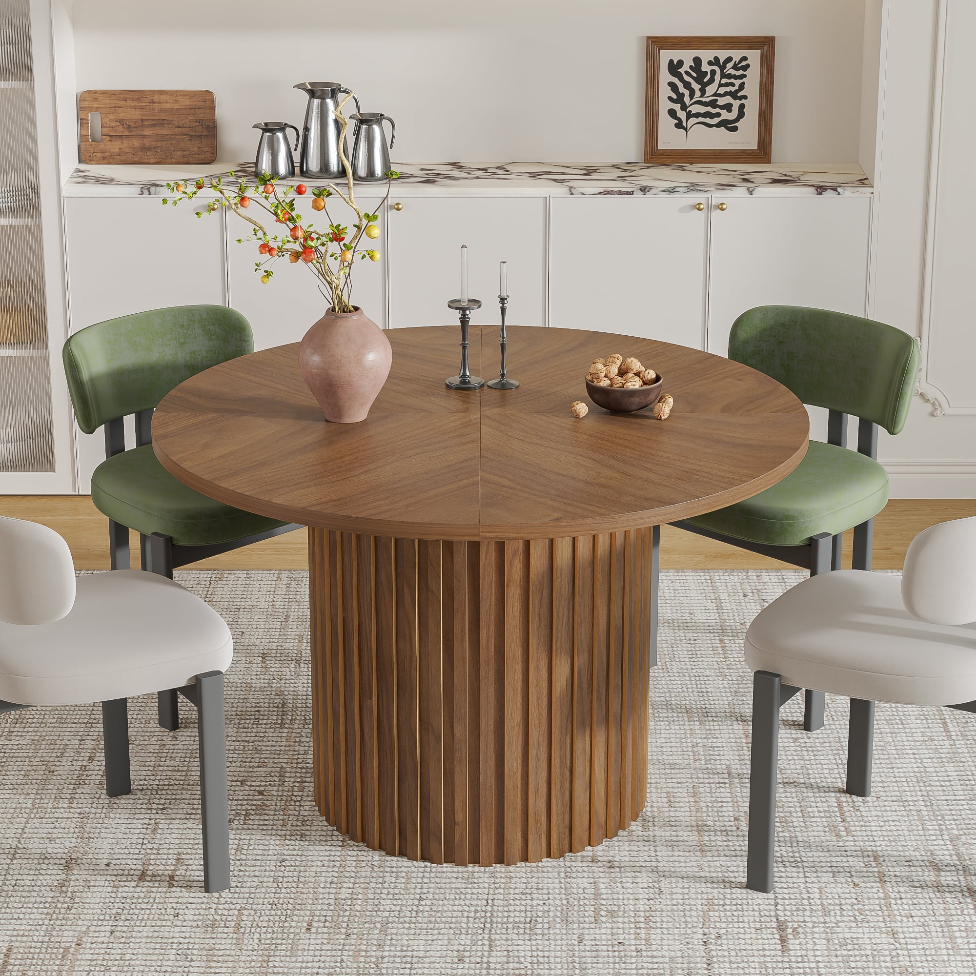 Modern Round Dining Table, 47 Inch Small Circle Kitchen Tables for 4-6, Wood Strip Base, Farmhouse Table for Kitchen, Dinning Room, Walnut