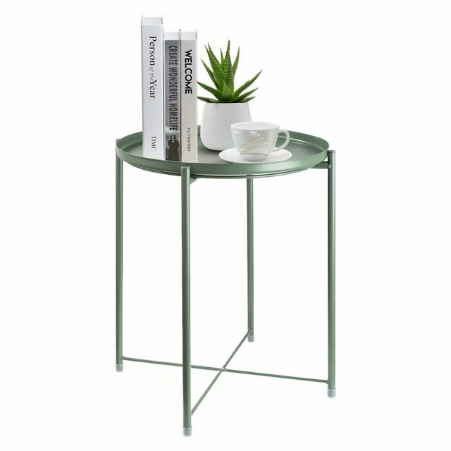 HOMRITAR Side Table Round Metal, Outdoor Side Table Small Sofa End Table Indoor Accent Table Round Metal Coffee Table Waterproof Removable Tray Table for Living Room Bedroom Balcony Office Green