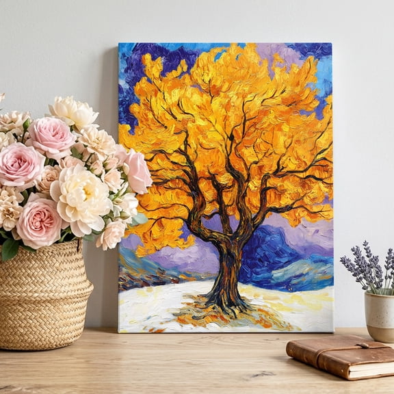 Canvas Wall Art Autumn Canvas Art Print Impressionist Yellow Tree Blue Swirling Clouds Oil Painting Pictures Wall Decor for Living Room Bedroom Artwork Stretched Framed Ready to Hang 18"x24"