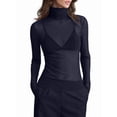 thumbnail image 2 of Top de Larga Ajustado de de Color Liso con Cuello Alto para Mujer, Camisa Transparente. Azul Oscuro M, 2 of 6