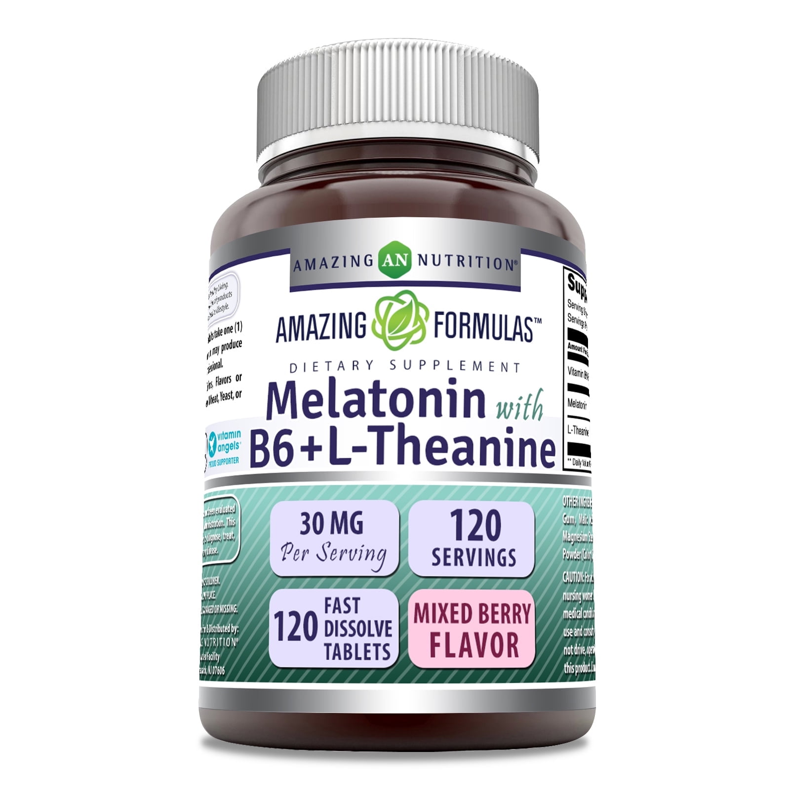 Amazing Formulas Melatonin B6 Plus L-Theanine 30mg Per Serving Fast Dissolve 120 Tablets Mixed Berry Flavor Supplement | Mixed Berry Flavor | Non-GMO | Gluten Free | Made in USA