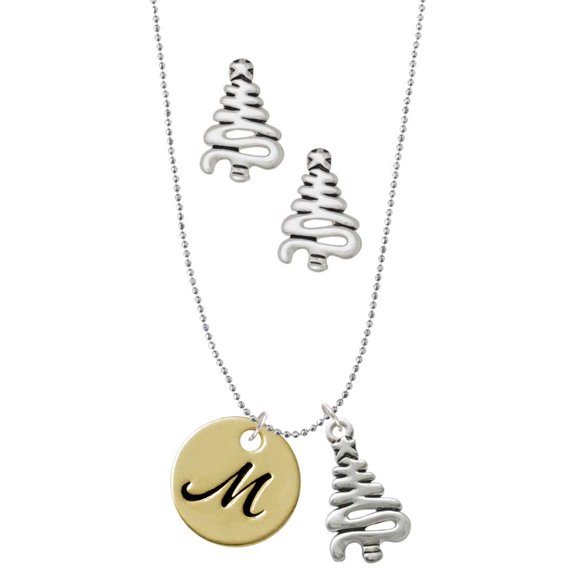 Delight Jewelry Goldtone Large Disc Letter - M - 3/4'' Silver tone Zig Zag Christmas Tree Charm Necklace and Stud Earrings