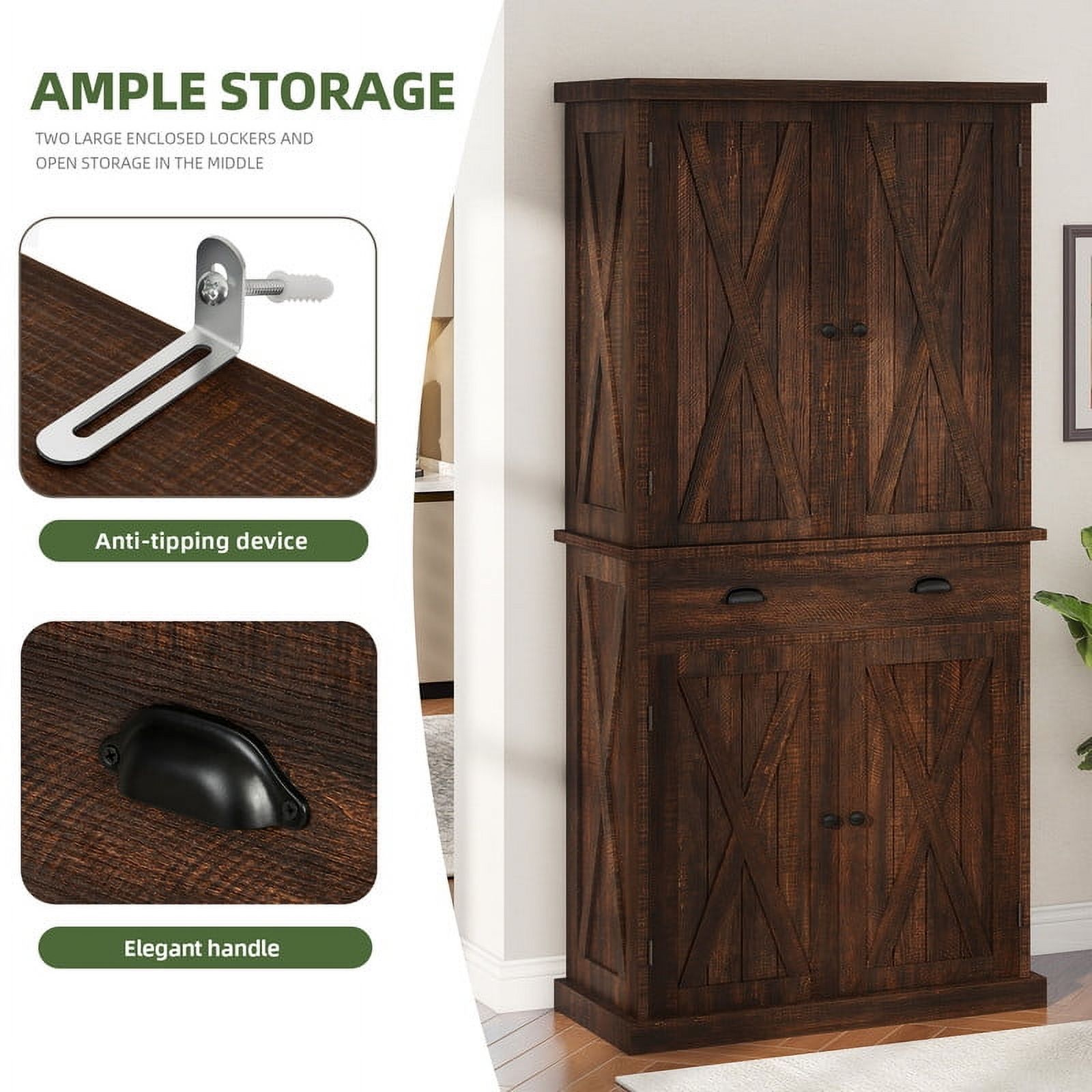 Uforic 71" Tall Farmhouse Kitchen Pantry Cabinet with Drawer and Adjustable Shelves, Brown Oak
