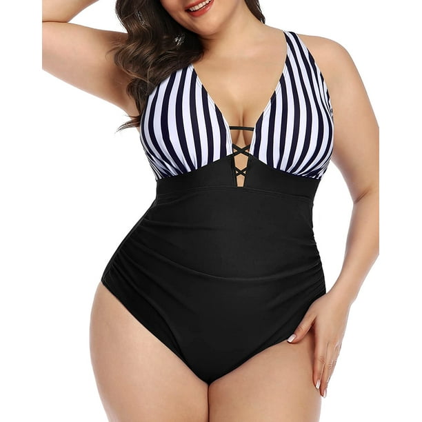 Yonique Women Plus Size One Piece Swimsuit Slimming Tummy Control Bathing Suits Lace up Plunge V Neck Swimwear Black