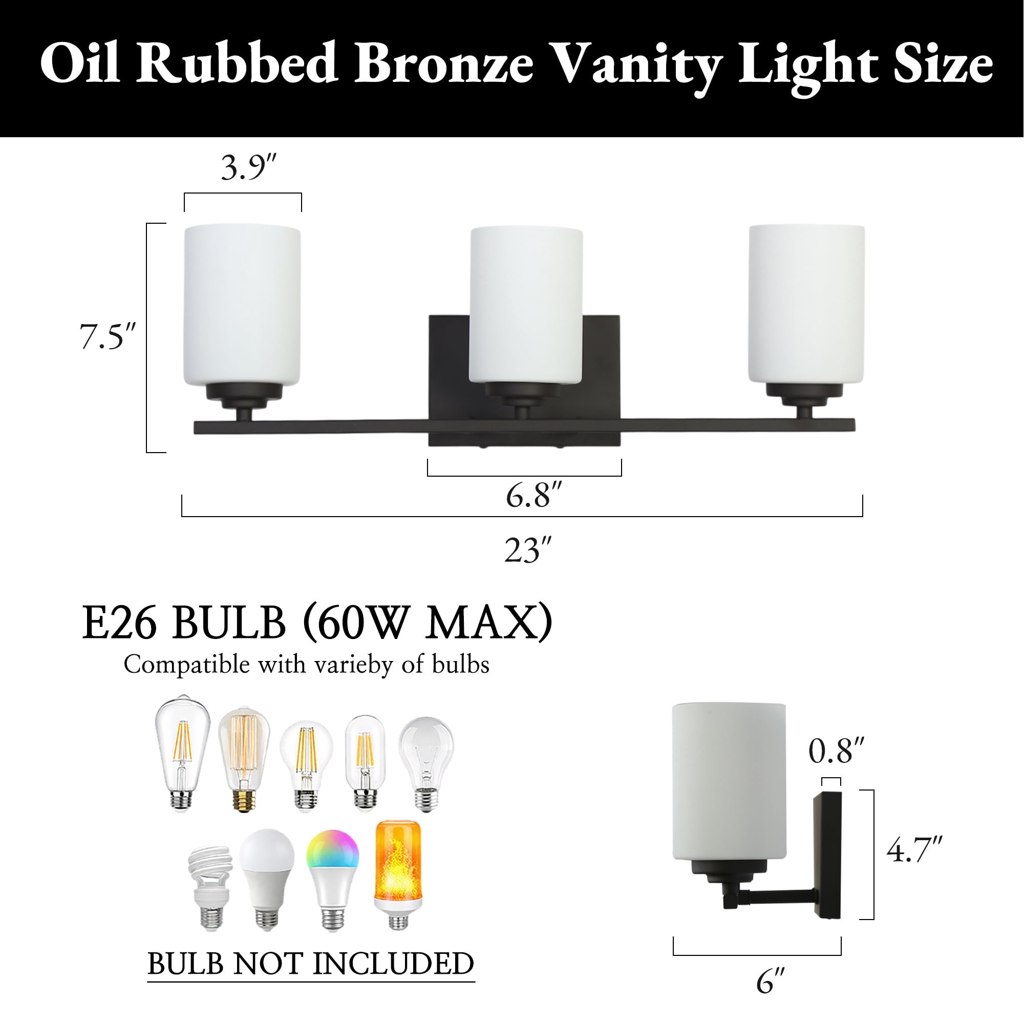 LNC 3-Light Bathroom Vanity Fixture with White Frosted Glass Shades and Oil-Rubbed Bronze Finish