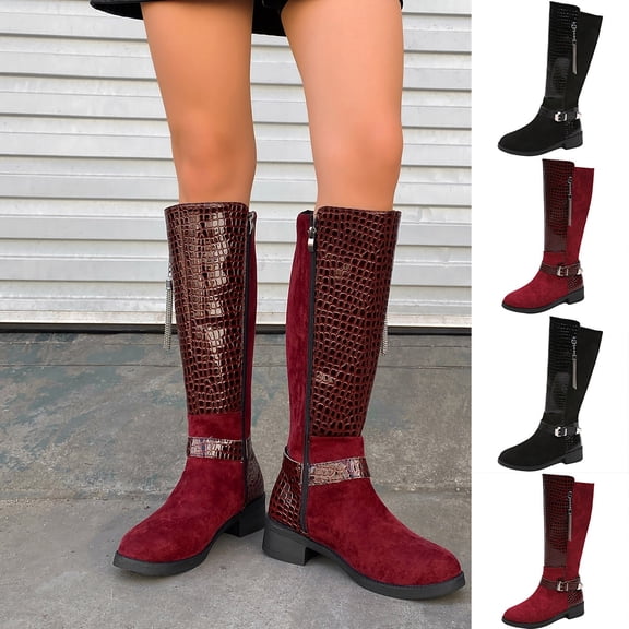 YTCAMLO Patchwork Knee High Boots for Women Fashion Faux Leather Chunky Block Heel Tall Boots Comfortable Low Heel Shoes