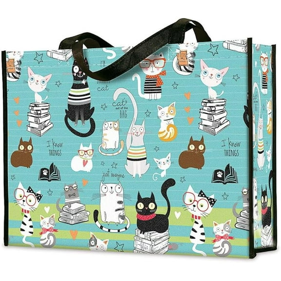 Current Smarty Cats Shopping Tote Bag, Large 13" x 16" x 5" Reusable Durable Grocery and Fun Gift Bag