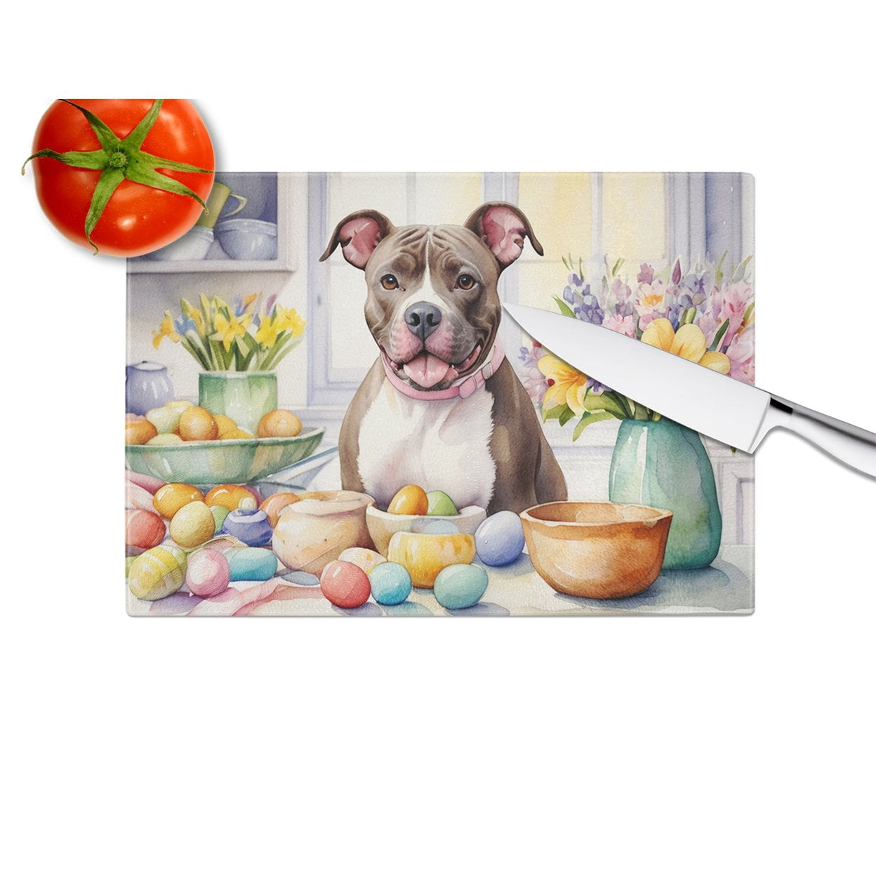 Decorating Easter Pit Bull Terrier Glass Cutting Board 12 in x 15 in