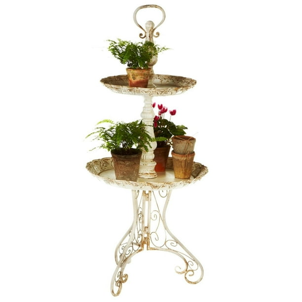 46" Off White Two Tiered Distressed Plant Stand with Scroll Base