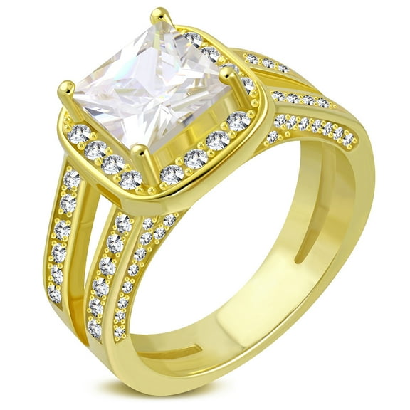 925 Sterling Silver Yellow Gold-Tone Cushion White Clear CZ Engagement Ring Band