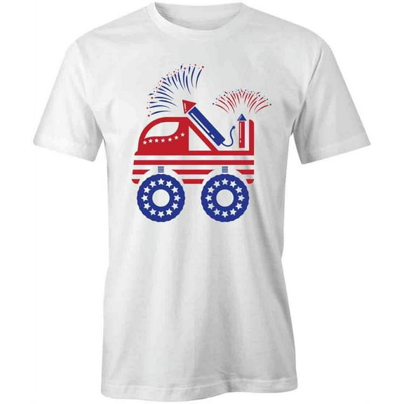 Monster Truck Fireworks T-Shirt | Patriotic American White Tee Gift