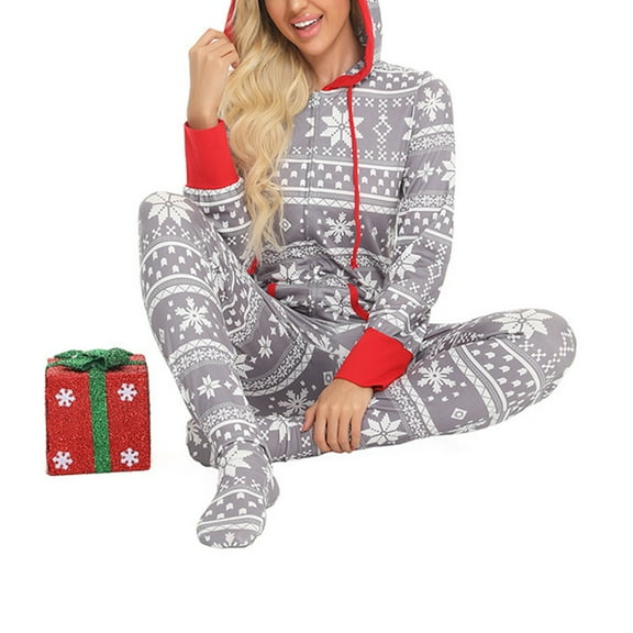 Dyfzdhu Women Onesie Pajamas Fleece Covered Feet Hooded One-Piece