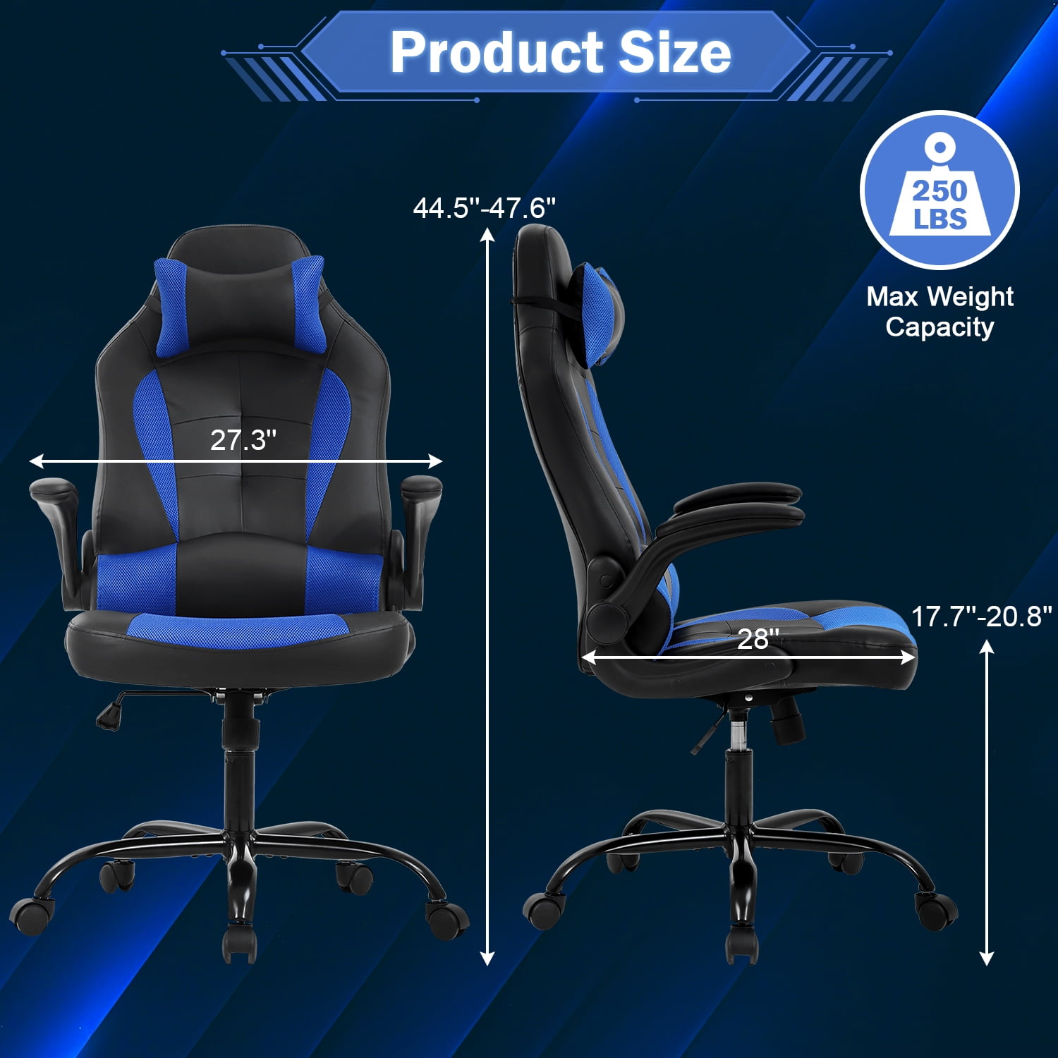 Video Game Chair High Back Gaming Chair PU Leather Racing Chair with Headrest Lumbar Support & Flip-up Arms , Adjustable Gamer Chair for Adults & Kids, Blue