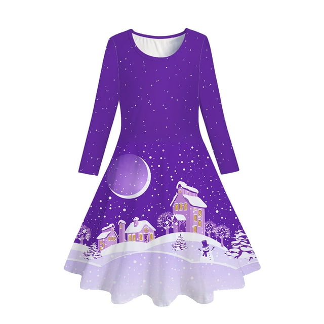 2025 Robe Décontractée Évasée de Noël pour Tout-Petit, Imprimé Arbres et Cerfs, Robe Vintage de Noël à Manches Longues, Robe de Princesse pour Fête pour Grande
