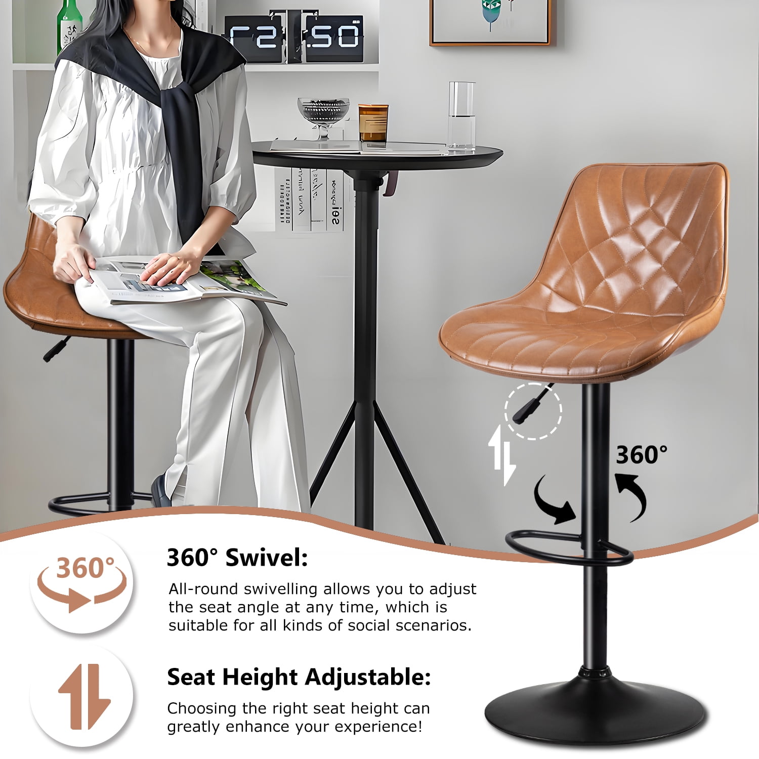 Waleaf Modern Bar Stools Set of 4, PU Leather Height Adjustable Swivel Barstools with Back