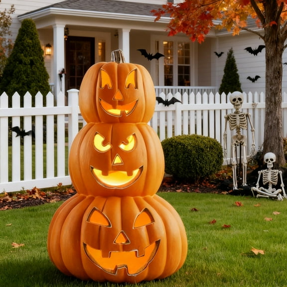 Halloween Pumpkin Lantern, 14" 3-Tier LED Scary Jack O'Lantern, Indoor Halloween Indoor Outdoor Decor, Shelf & Mantel Light