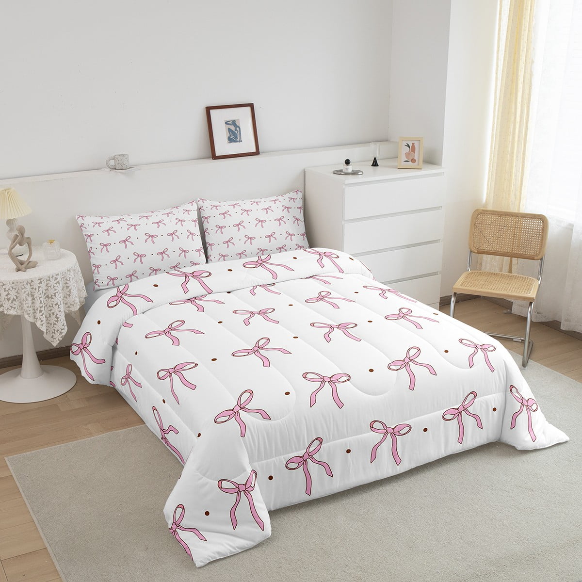 Erosebridal Pink Bowknot Comforter Set Twin Bow Tie Bedding Cute Dots Print Bedding Comforter Sets Aesthetic Coquette Bedroom Decor Princess Style Duvet Insert
