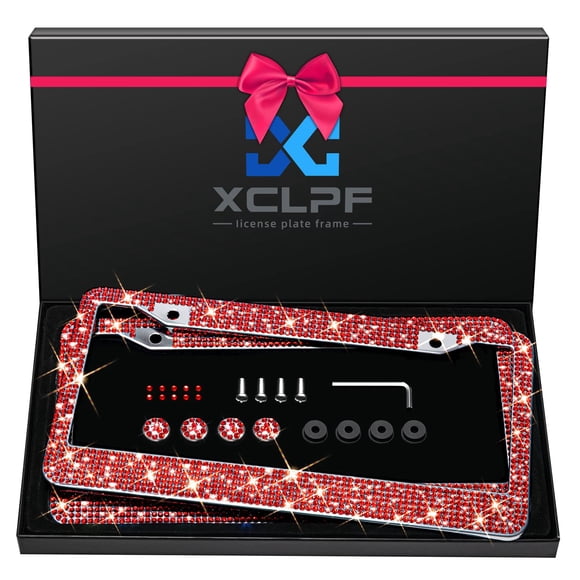Marco de matrícula XCLPF de acero inoxidable brillante con diamantes de imitación rojos