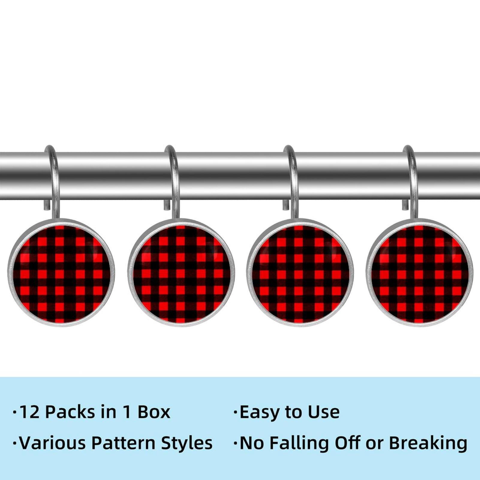 12pcs Decorative Shower Curtain Hooks, Rust Resistant Shower Rings for Bathroom Living Room,Rustproof Stainless Steel Rings for Shower Curtain and Liner Rods,Black and Red Grid