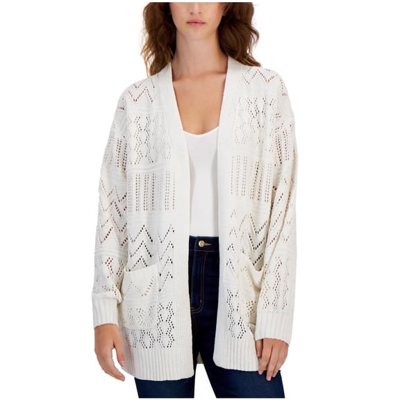 Hooked Up by IOT Womens Chenille Cable Knit Cardigan Sweater, White, Juniors, X-Large