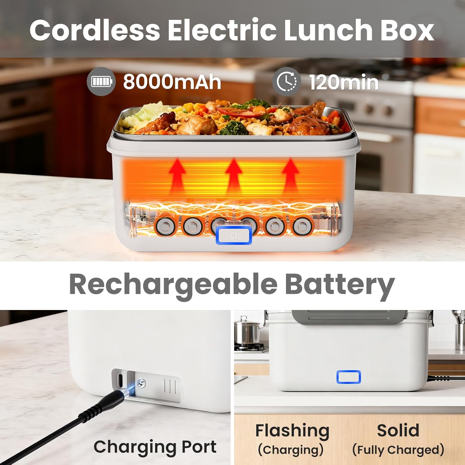 Herrfilk Cordless Electric Lunch Box, 1.8L Large Rechargeable Portable Food Warmer 4 in 1 Ultra Quick Self Heating Lunch Box with Storage Bag, Suitable for Travel/Driving/Construction Site Scenarios