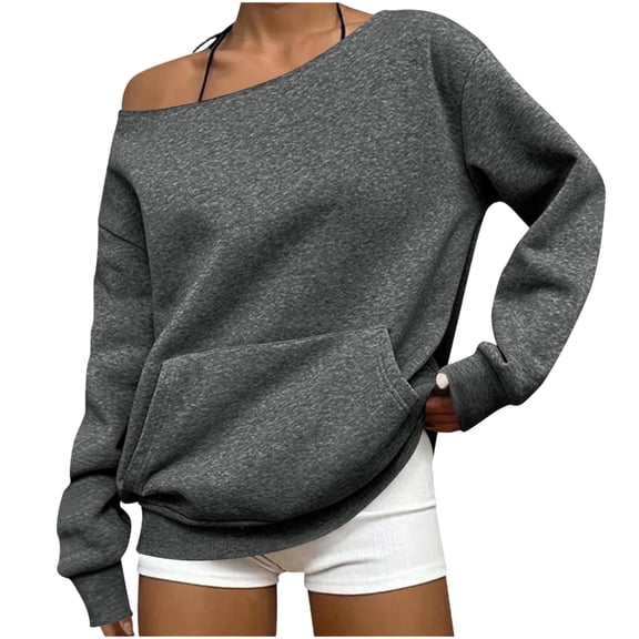 Wevis Women's Off Shoulder Long Sleeve Knit Tops Loose Casual Pullover With Front Pocket