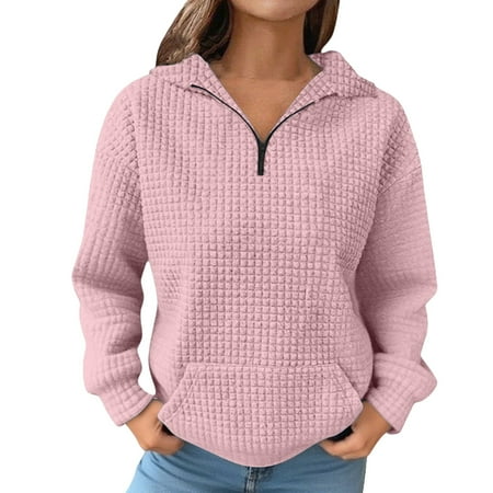 Half Zip Pullover Women Comdrip Women s Autumn and Winter Solid Color Long Sleeved Lapel Half Zip Pocket Quarter Zip Pullover Women Pink XL
