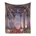 thumbnail image 1 of Gothic Soft Flannel Fleece Throw Blanket, Colonnade in Secret Garden with Flowers at Sunset Enchanted Forest, Cozy Plush for Indoor and Outdoor Use, 70" x 90", Lilac Grey Blue, by Ambesonne, 1 of 6