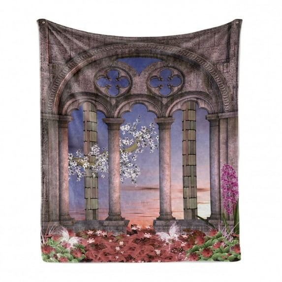 Gothic Soft Flannel Fleece Throw Blanket, Colonnade in Secret Garden with Flowers at Sunset Enchanted Forest, Cozy Plush for Indoor and Outdoor Use, 70" x 90", Lilac Grey Blue, by Ambesonne