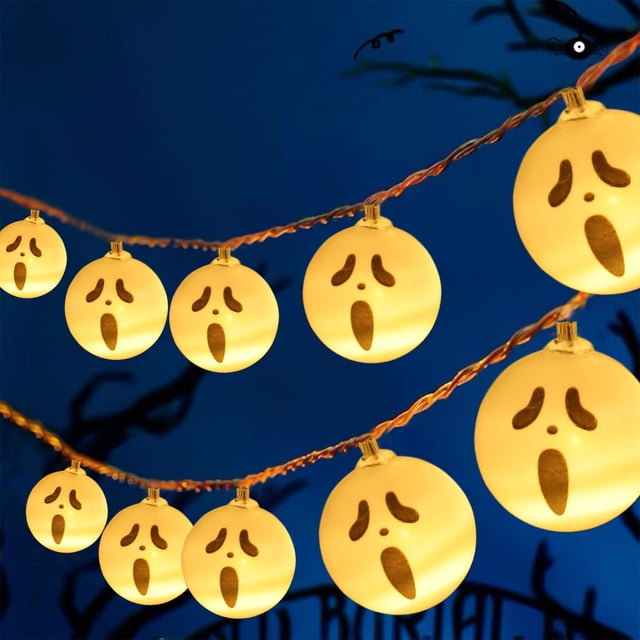 Guirnalda de Luces Led para Halloween, Luz Blanca Cálida, Funciona con Pilas, Diseño Resistente Al Agua, Decoración para Fiestas y Festividades, Uso Interior y Exterior, 2 Longitudes, 10 o 20 Luces.