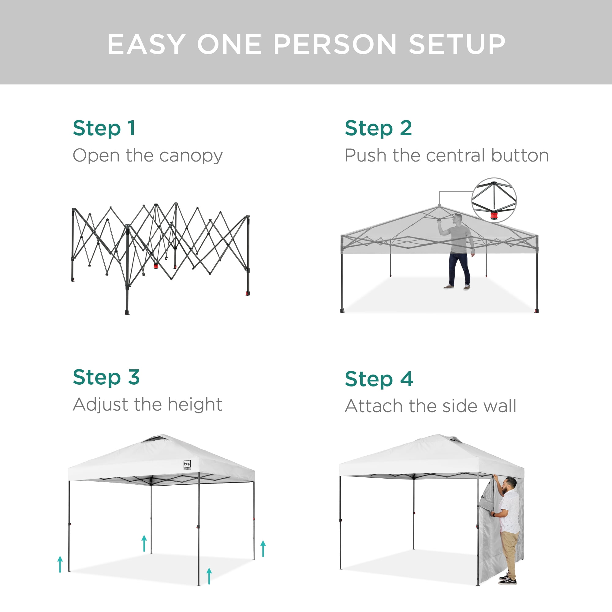 Best Choice Products 10x10ft Easy Setup Pop Up Canopy, Portable Tent w/ Side Wall, 1-Button Push, Case - White