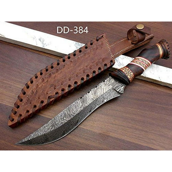 13" Long hand forged Damascus steel skinning knife, Engraved Rose wood scale crafted with engraved brass & Camel bone spacer hunting knife, Cow Leather sheath with belt loop