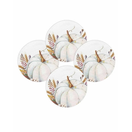 Fall Round Placemats Set of 4 White Pumpkin Place Mats Thanksgiving Woven Placemat Harvest Cotton Leaves Wheat Ears Circle Braided Table Mat for Kitchen Dining Table Autumn Party Home Decor 15 Inch